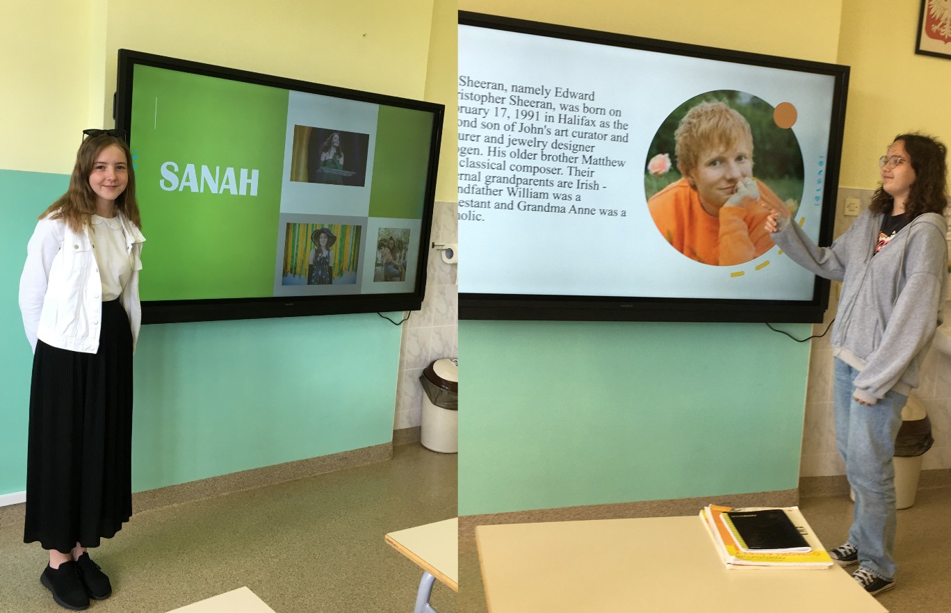 kolaż dwóch zdjęć na których dwie uczennice stoją na tle monitora dotykowego z wyświetlonymi projektami innowacji