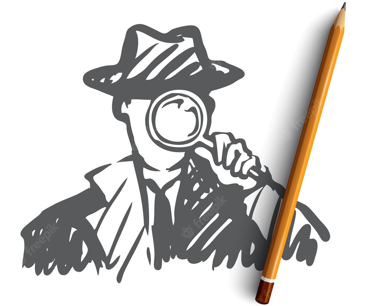 grafika jednokolorowa,szara detektywa z lupą, obok ołówek.
