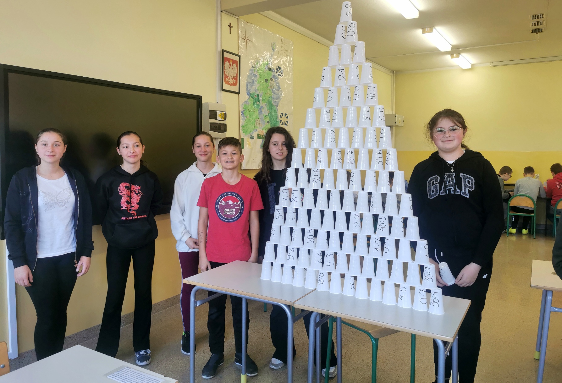 Sześcioro uczniów klasy 6b stoi wokół stolika. Na stoliku znajduje się zbudowana przez nich piramida z kubeczków. Na kubeczkach zapisane są iloczyny liczb.