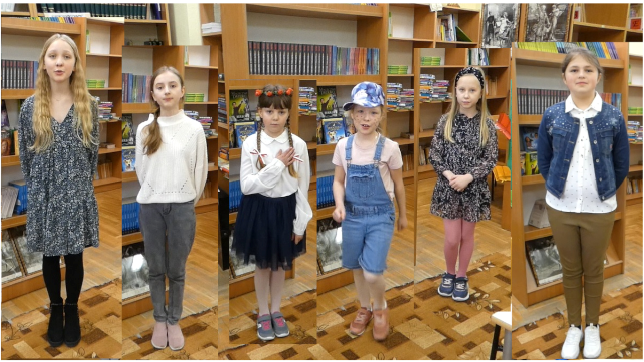 kolaż zdjęć sześciu dziewczynek odświętnie ubranych recytującuych wiersze w bibliotece szkolnej