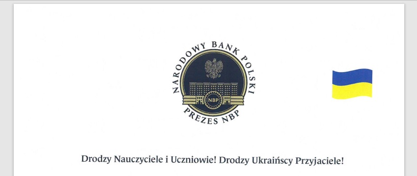 Górna część listu Prezesa NBP zawierająca Jego logo w środkowej części i flagę Ukrainy po prawej stronie oraz słowa powitania w dolnej części